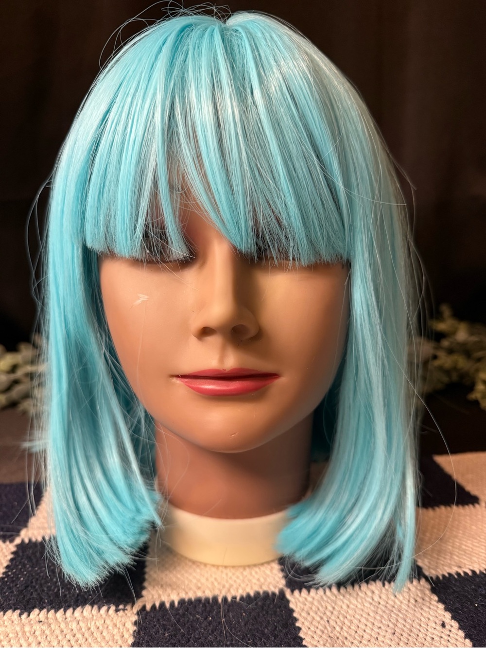 Light Blue Straight Bob Wig with Blunt Bangs - Unbranded